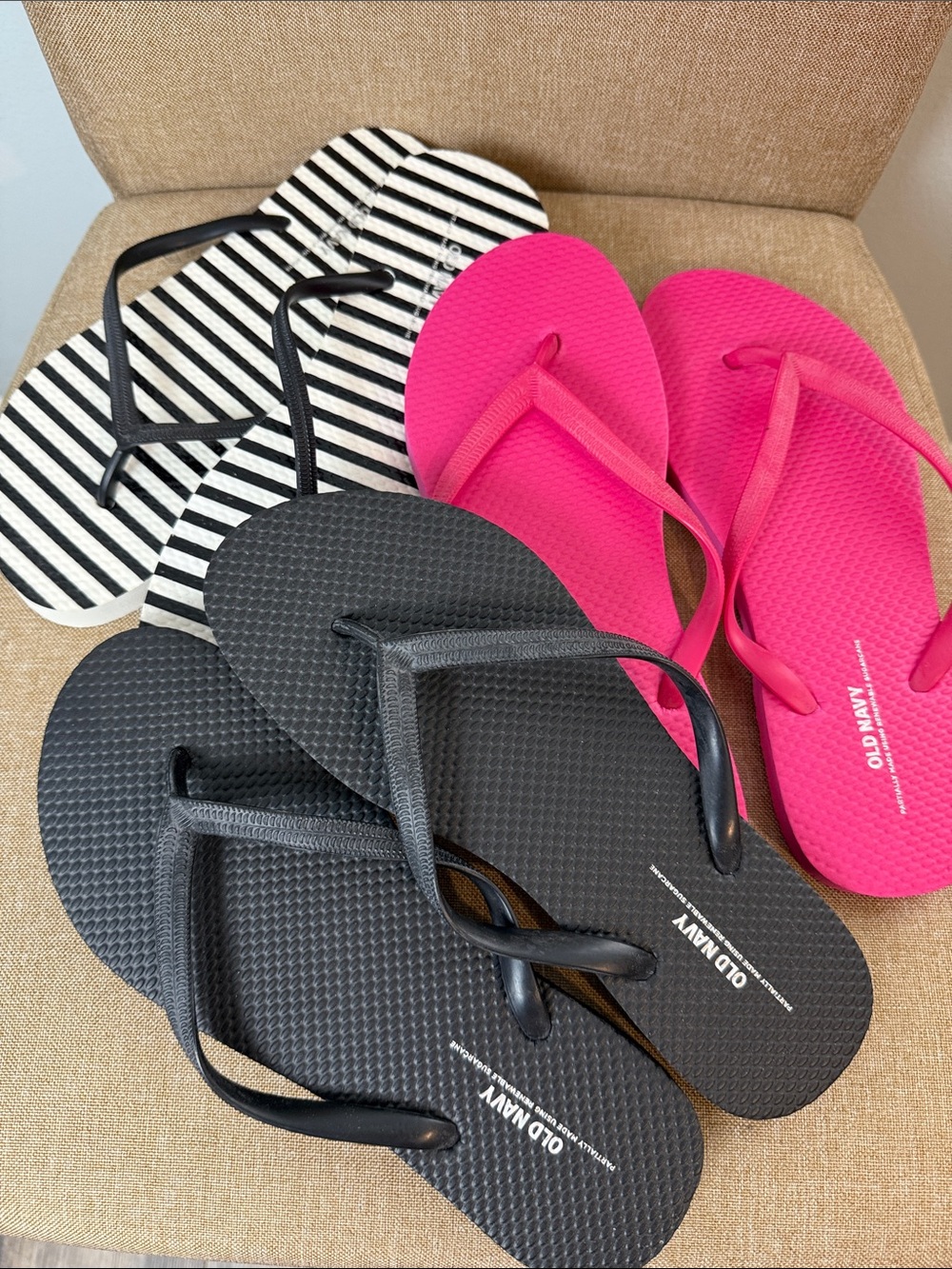 Old Navy Black, Hot Pink & Black/White Striped Flip Flop Trio